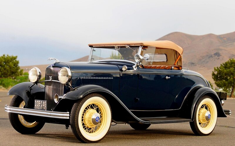 Blue Vintage Convertible — Serene, Afternoon, Photograph, Mountains, Trees