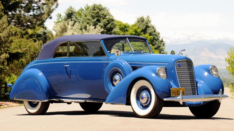 Blue Vintage Convertible — Serene, Afternoon, Photograph, Trees, Mountains