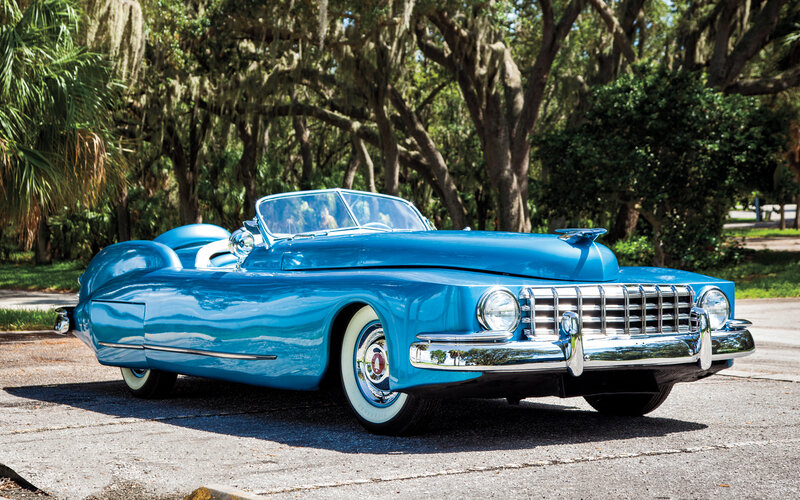 Blue Vintage Convertible — Serene, Afternoon, Photograph, Trees, Palm Trees