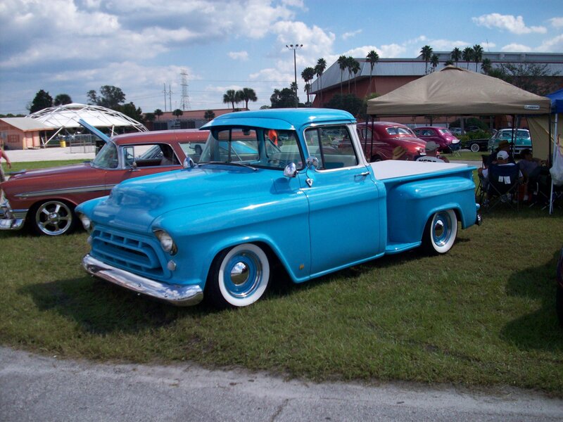 Blue Vintage Pickup Truck — Outdoor, Afternoon, Photograph, Classic Cars, Tents, People