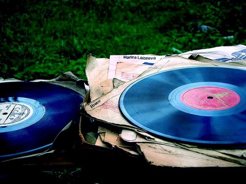 Blue vinyl records on grass