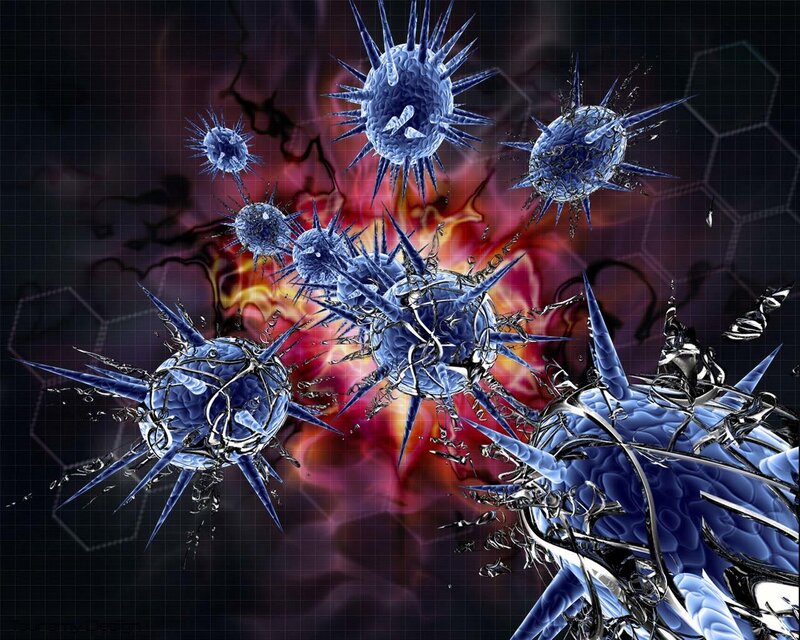 Blue virus particles in explosion