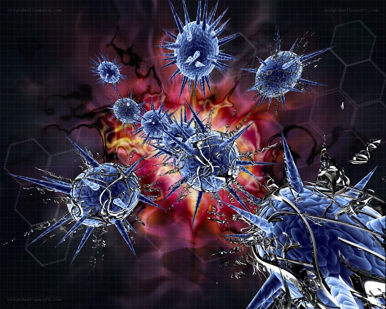 Blue virus particles in explosion