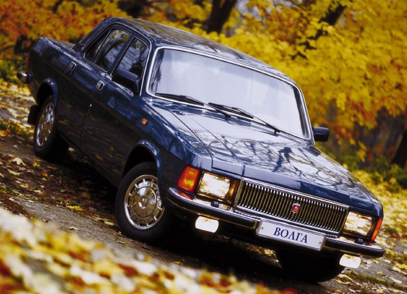 Blue Volga car in autumn