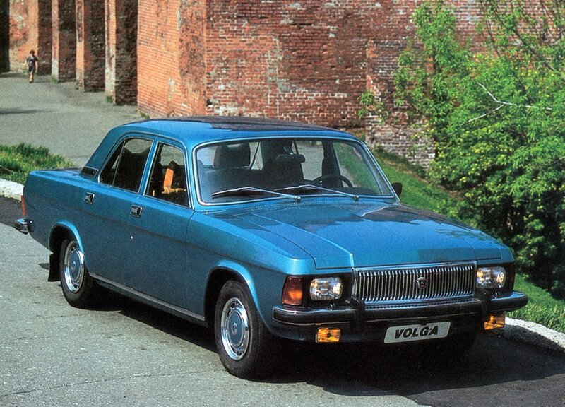 Blue Volga sedan on street