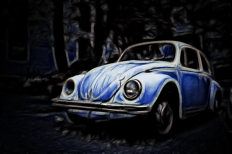 Blue Volkswagen Beetle — Dramatic, Night