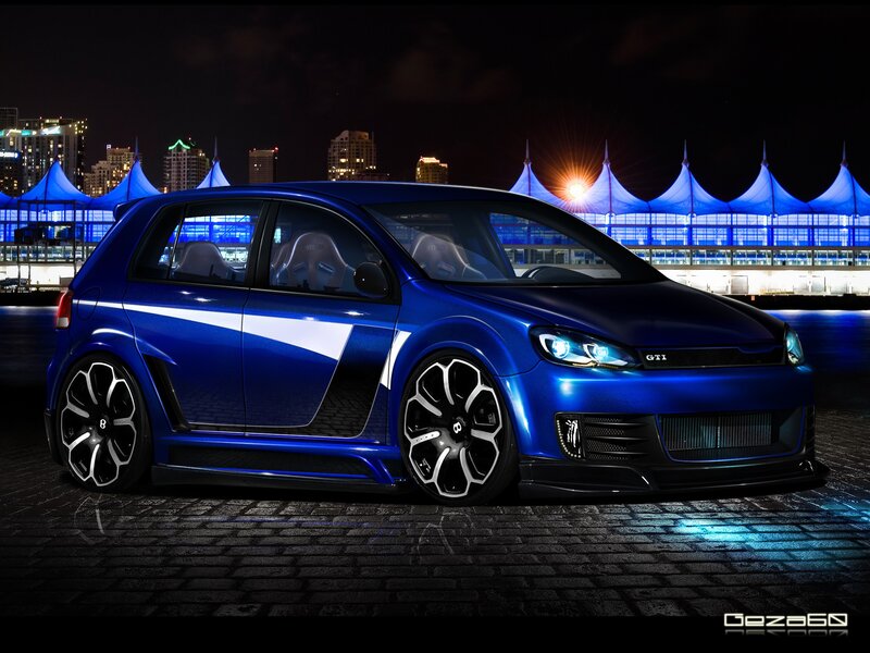 blue volkswagen golf gti at night