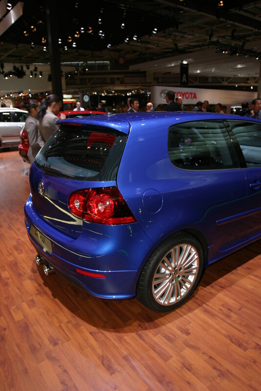 Blue Volkswagen Golf GTI on display