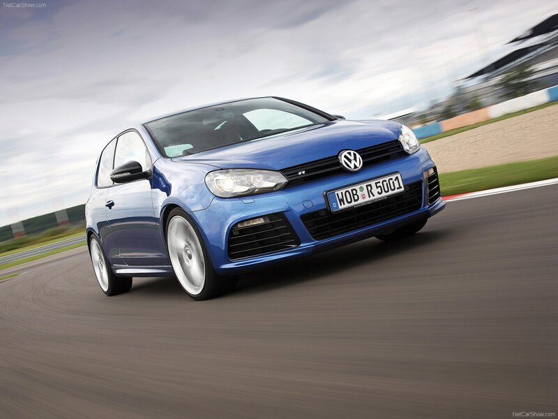 Blue Volkswagen Golf R on a racetrack