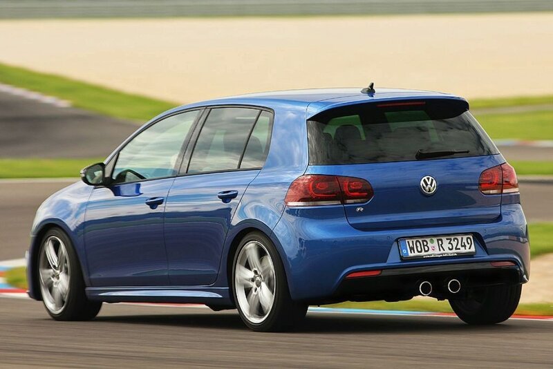 blue volkswagen golf r on track