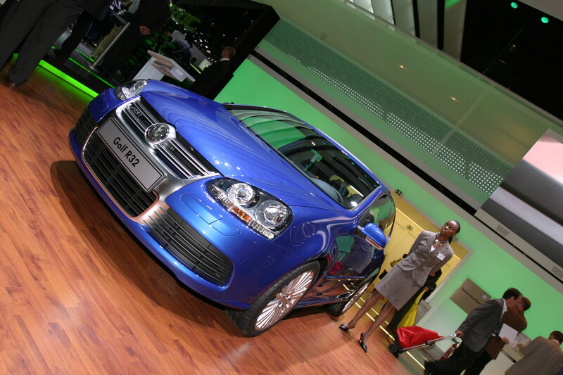 Blue Volkswagen Golf R32 on display