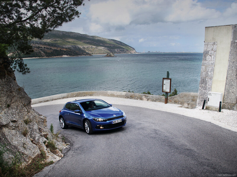 Blue Volkswagen Scirocco by the coast