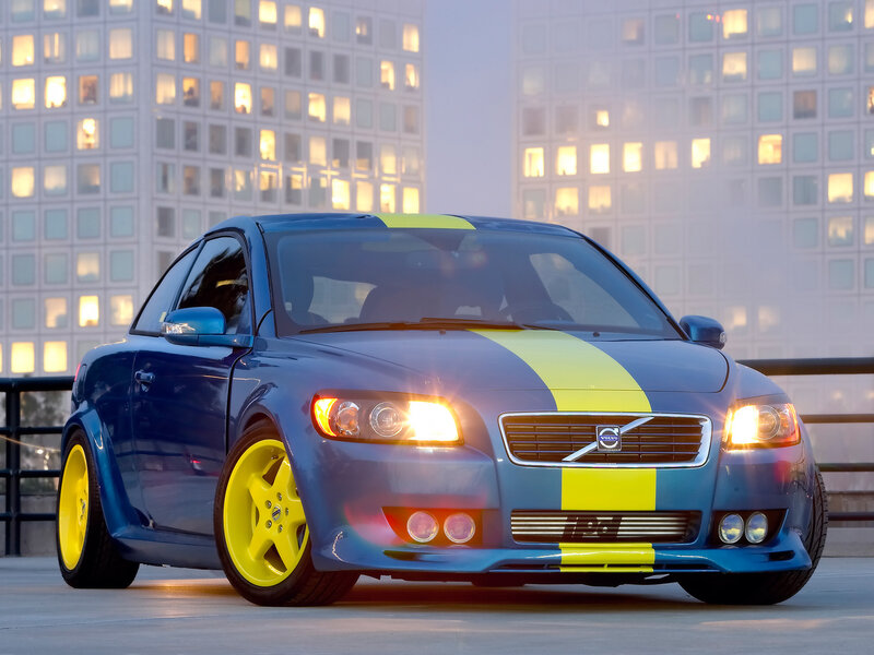 blue volvo with yellow stripes