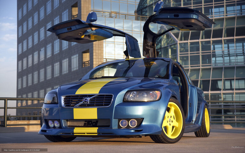 blue volvo with yellow stripes