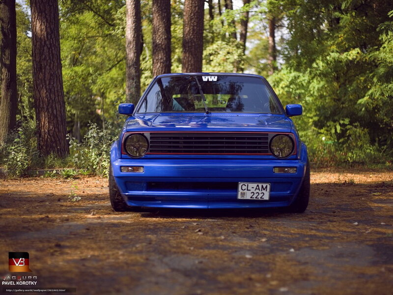 Blue VW Golf in forest