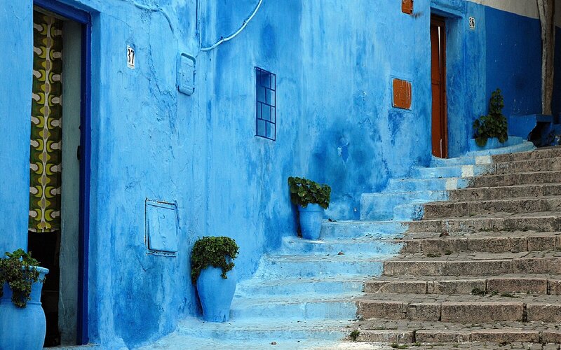 blue-walled alley in a medina