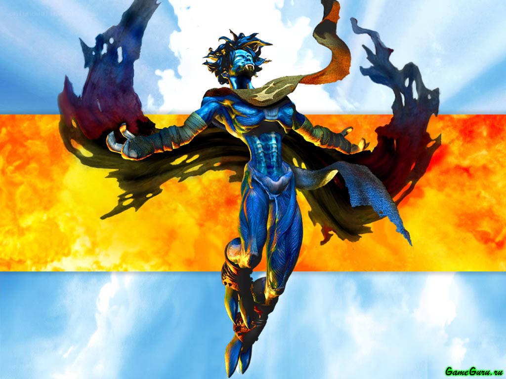 blue warrior in fiery sky
