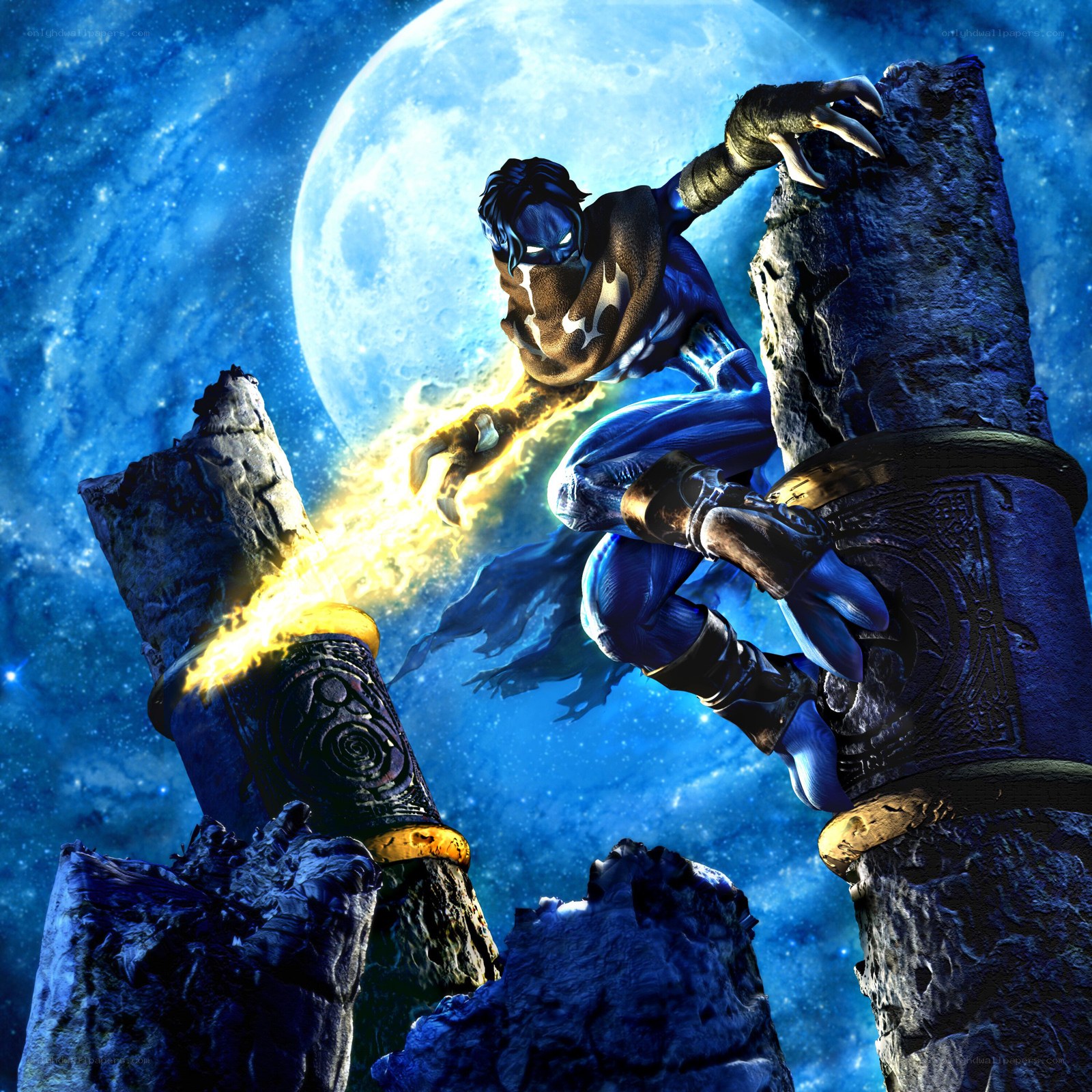 Blue warrior on stone pillars