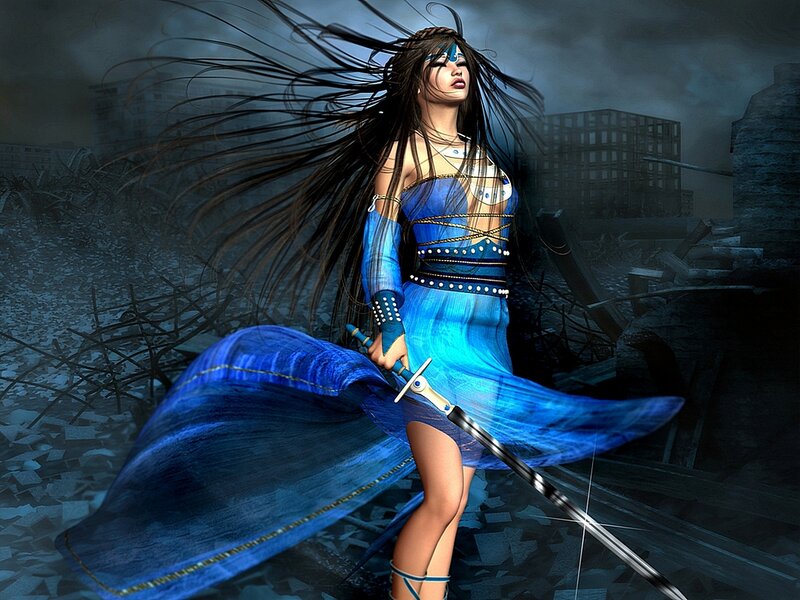 Blue warrior woman in ruins