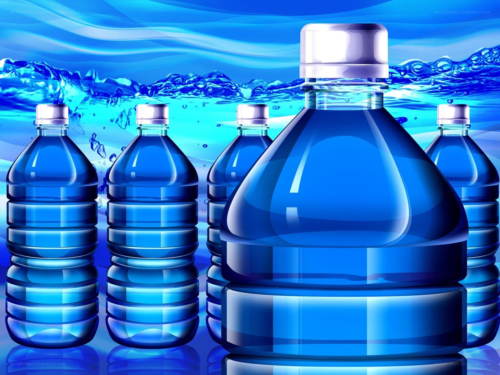 Blue water bottles on blue background