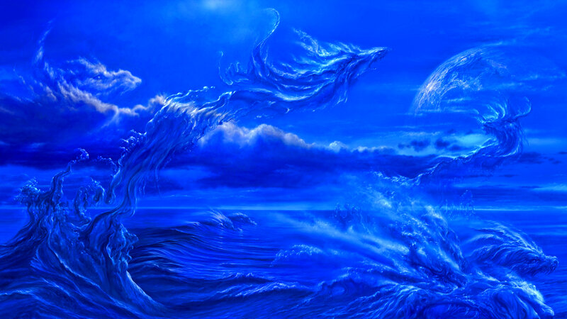 Blue Water Dragons — Dramatic, Digital Art, Ocean