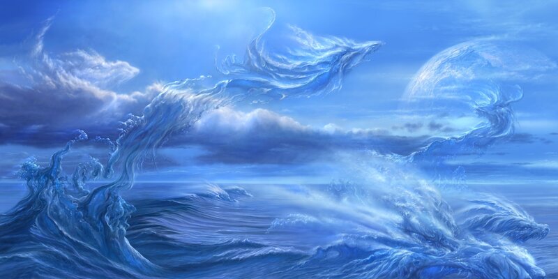 Blue water dragons in sky