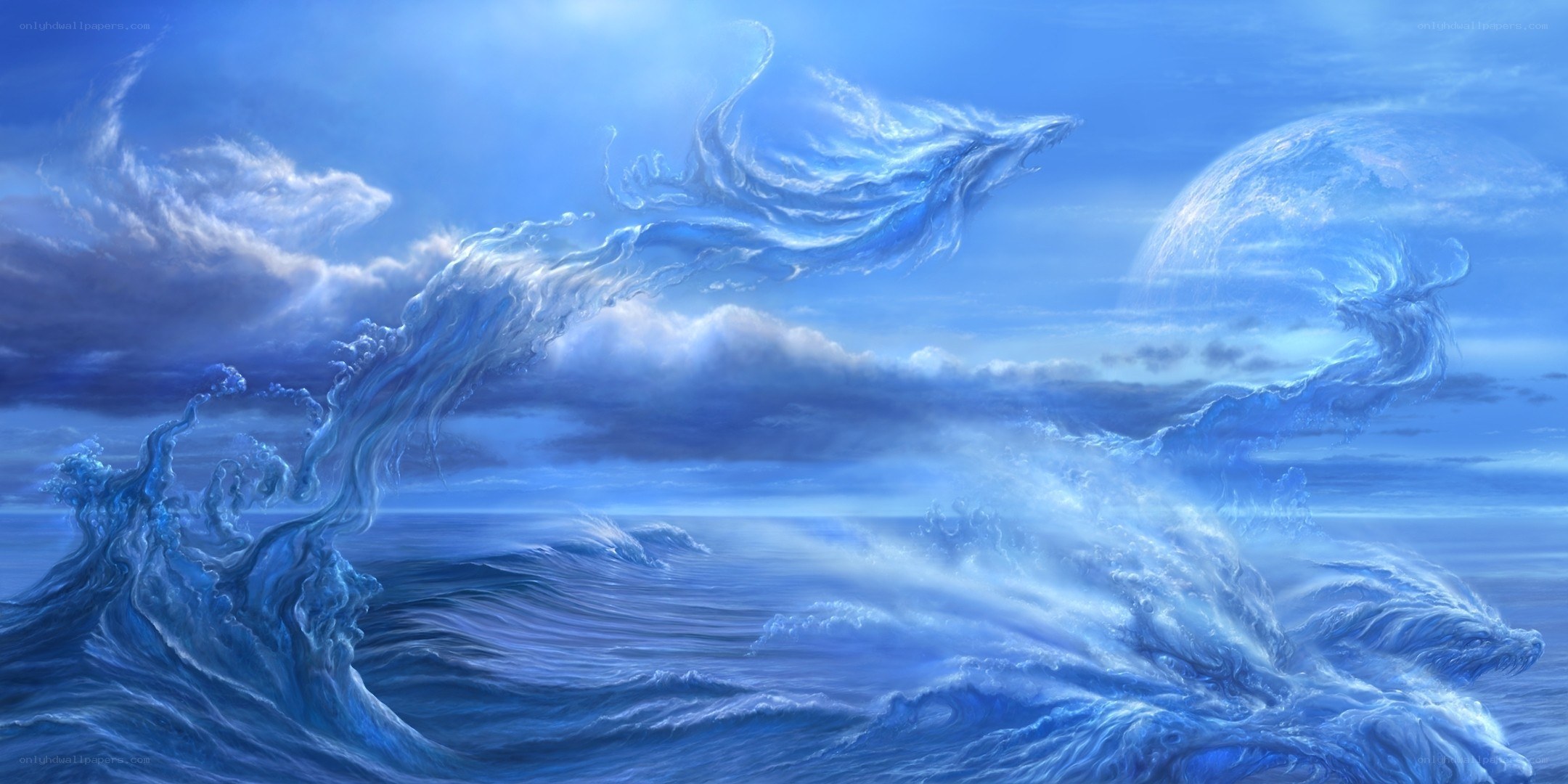 Blue water dragons in sky