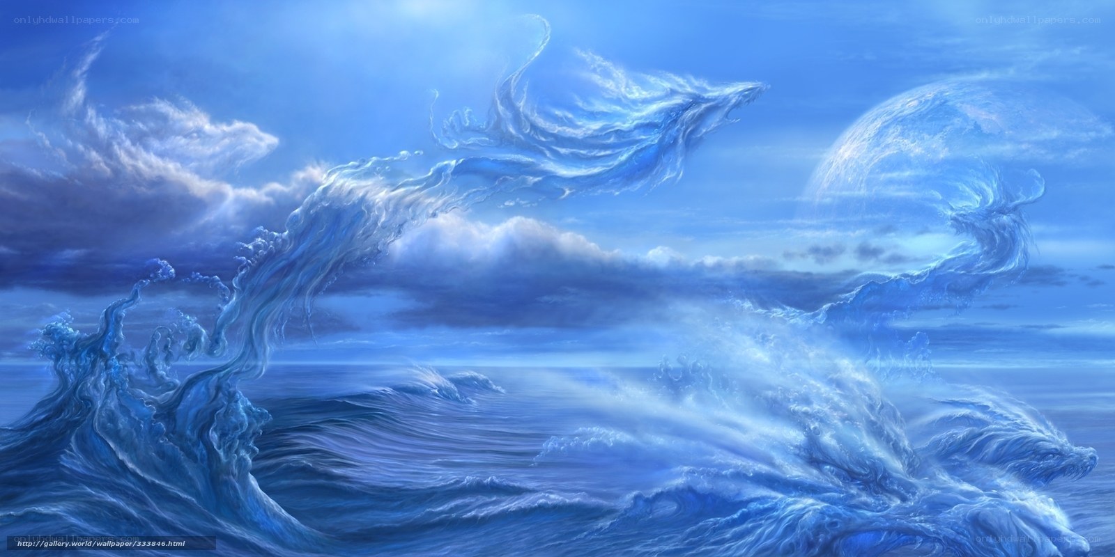 Blue water dragons in sky