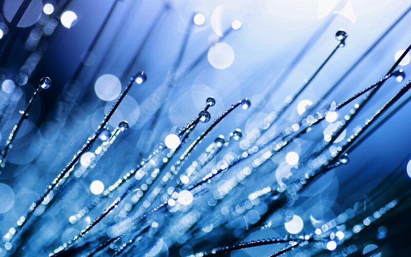 Blue water droplets on fibers