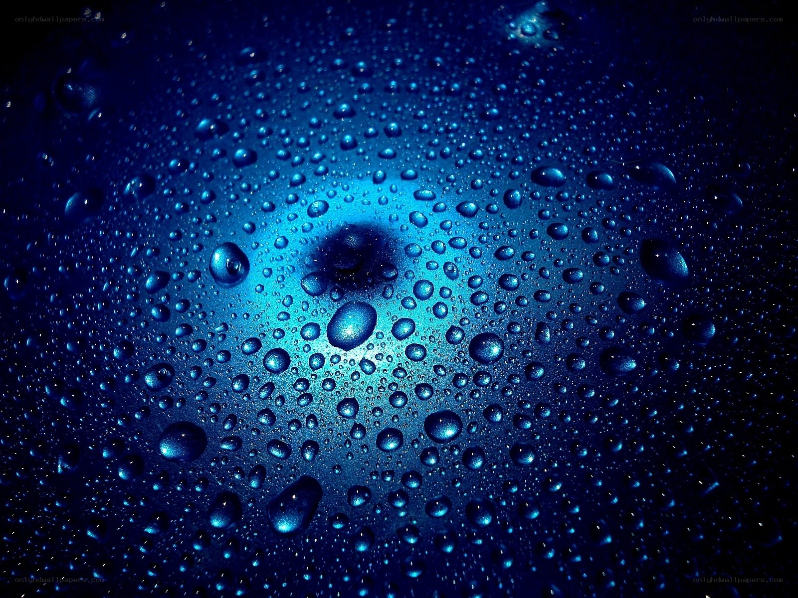Blue water droplets on surface