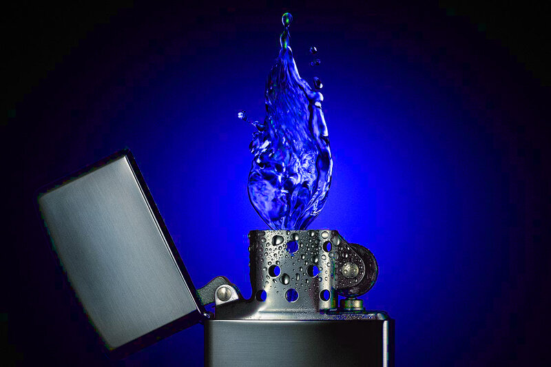 Blue water splash from lighter