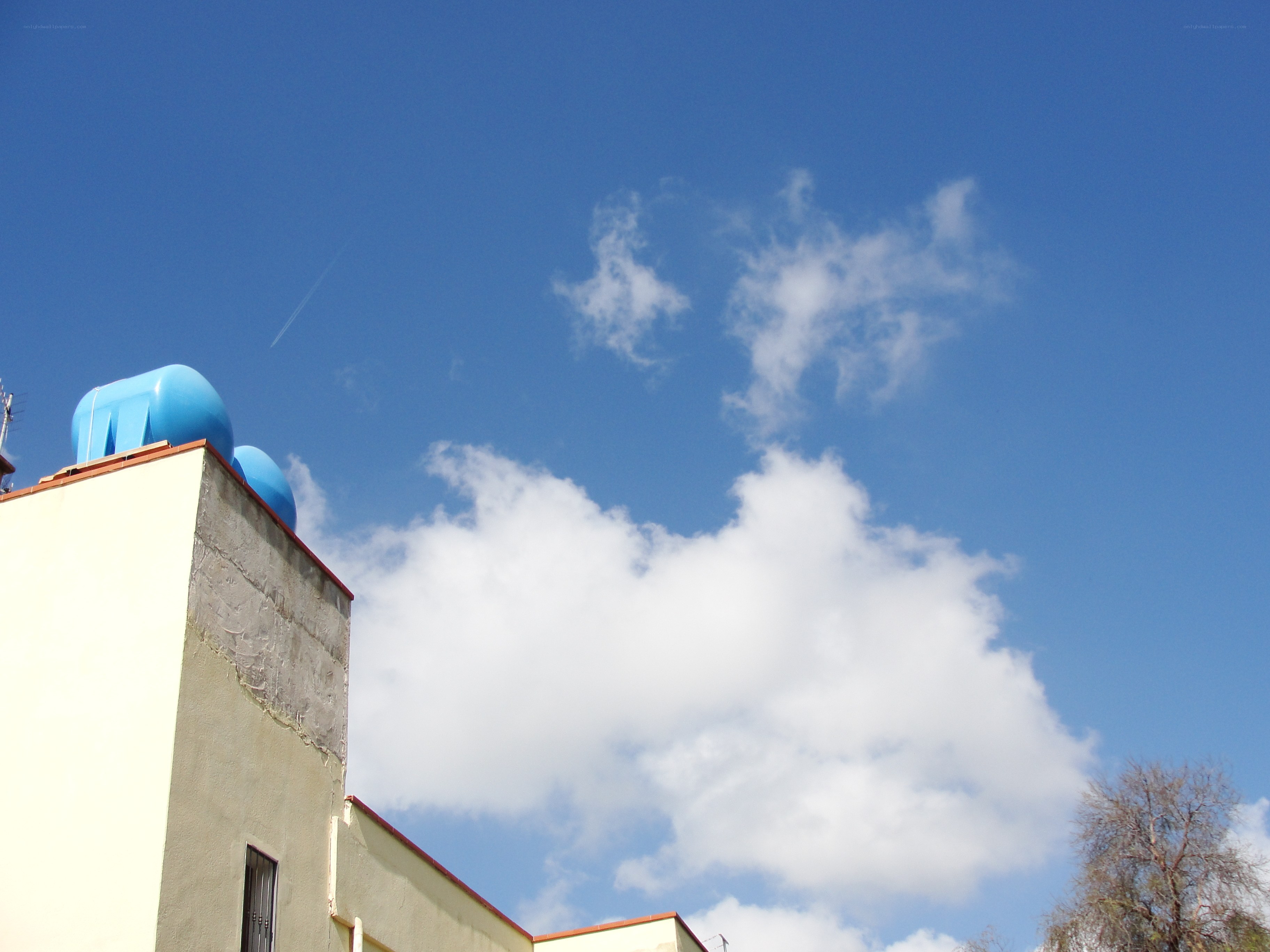 Blue water tanks on a rooftop