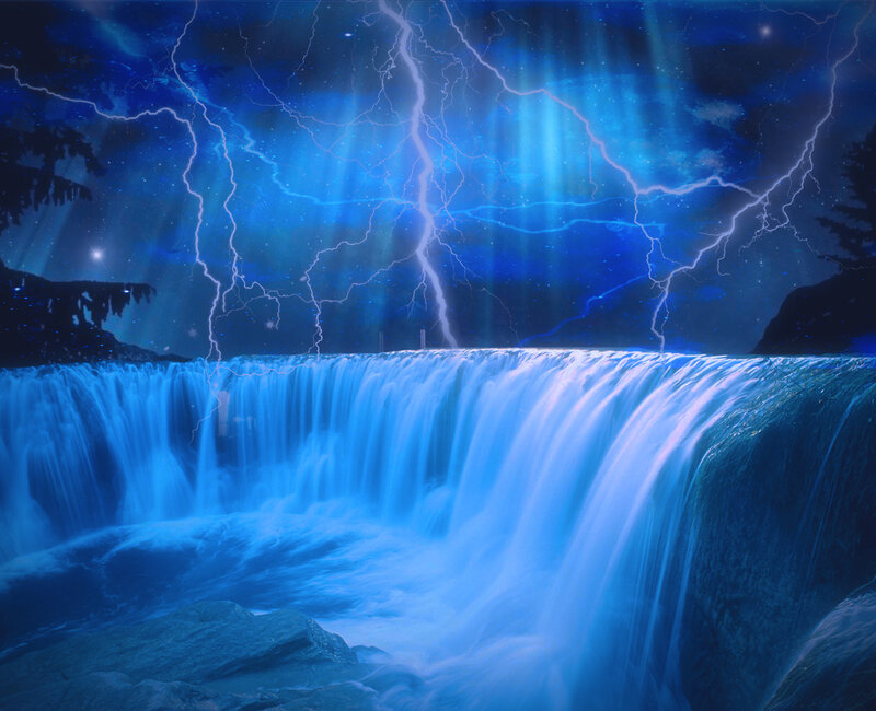 Blue Waterfall at Night — Dramatic, Digital Art