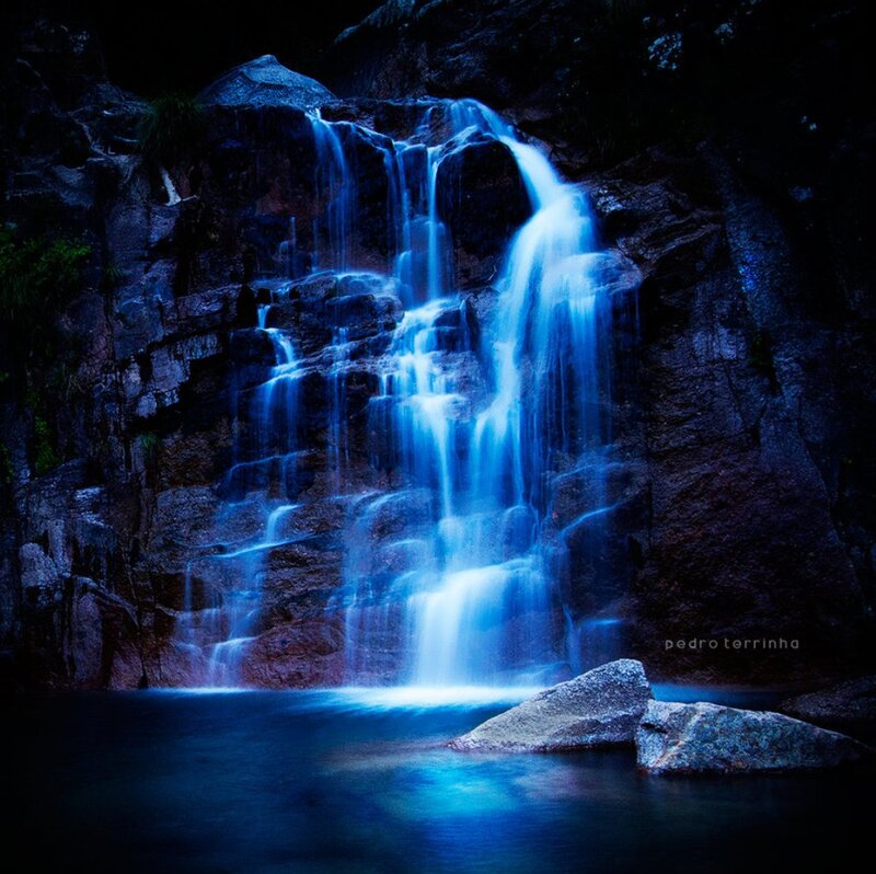 Blue Waterfall at Night — Dramatic