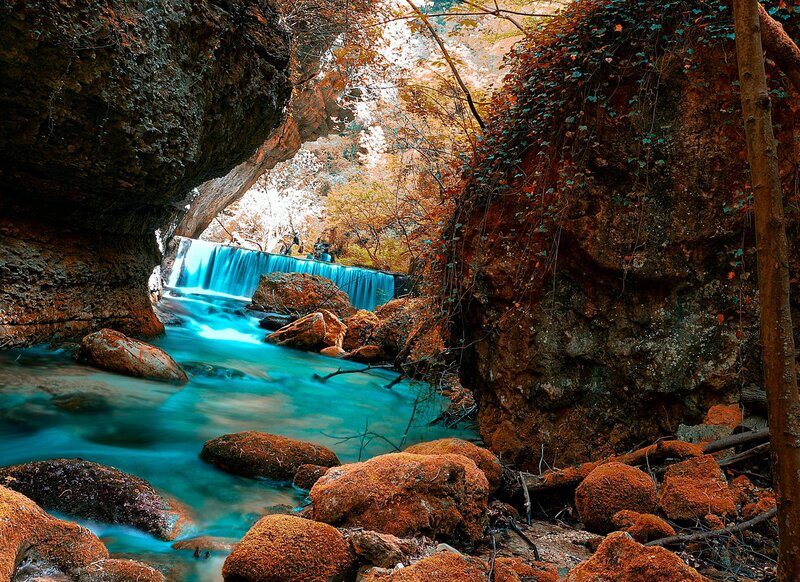 Blue Waterfall in Canyon — Serene, Autumn