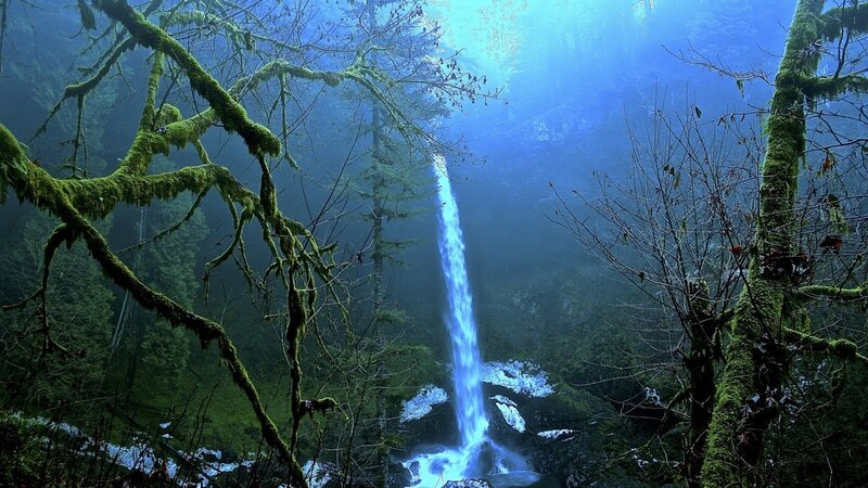 Blue Waterfall in Forest — Dramatic, Photograph