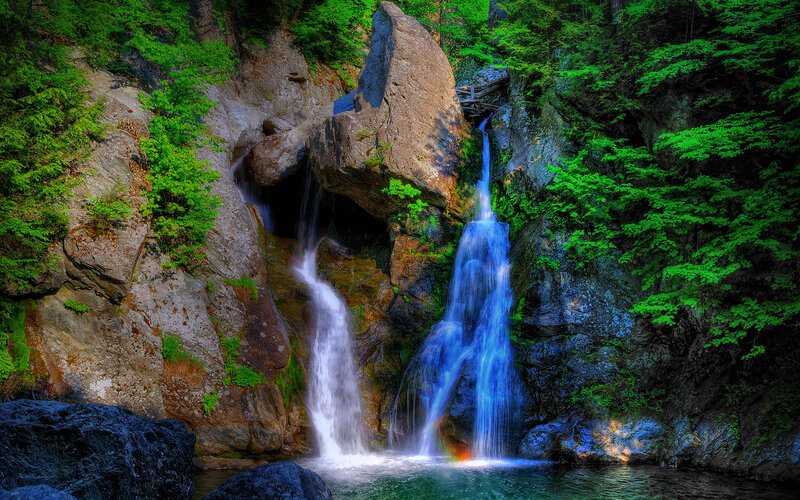 Blue Waterfall in Forest — Green, Serene, Spring