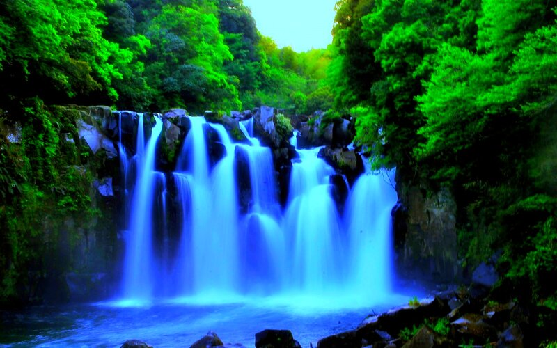 Blue Waterfall in Forest — Serene, Afternoon, Photograph