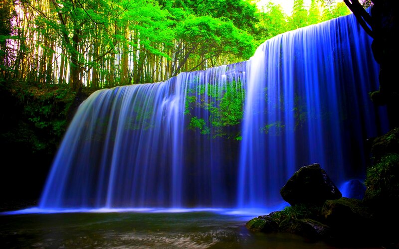 Blue Waterfall in Forest — Serene, Afternoon