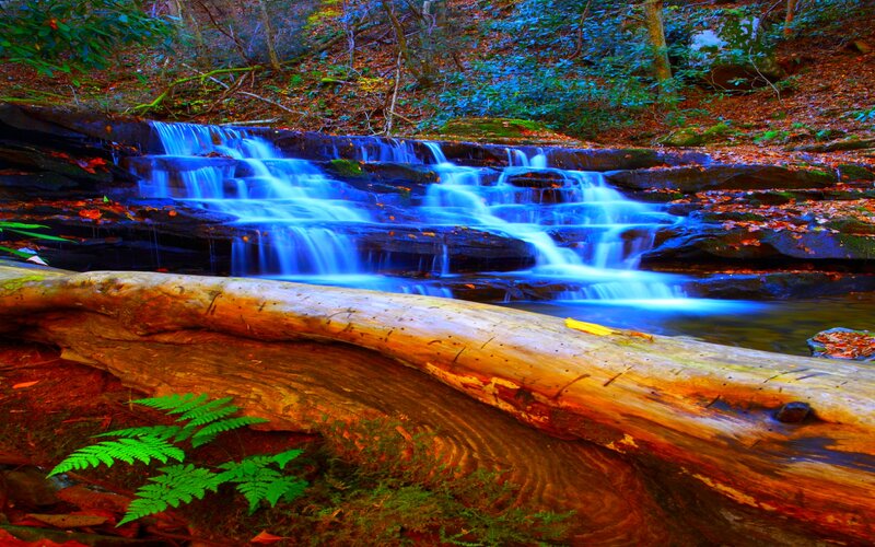 Blue Waterfall in Forest — Serene, Autumn, Photograph