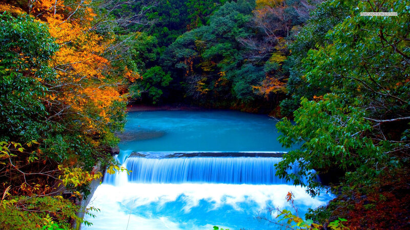 Blue Waterfall in Forest — Serene, Autumn, Photograph, Trees, River