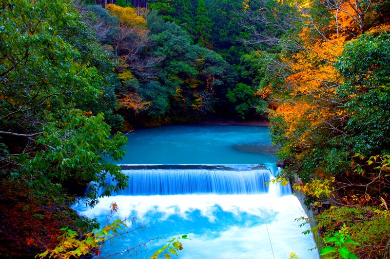 Blue Waterfall in Forest — Serene, Autumn, Photograph, Trees