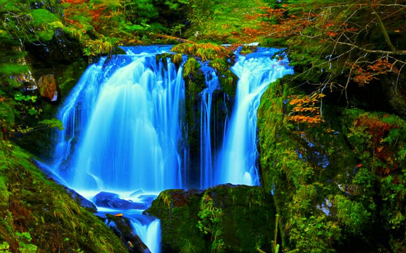 Blue Waterfall in Forest — Serene, Autumn