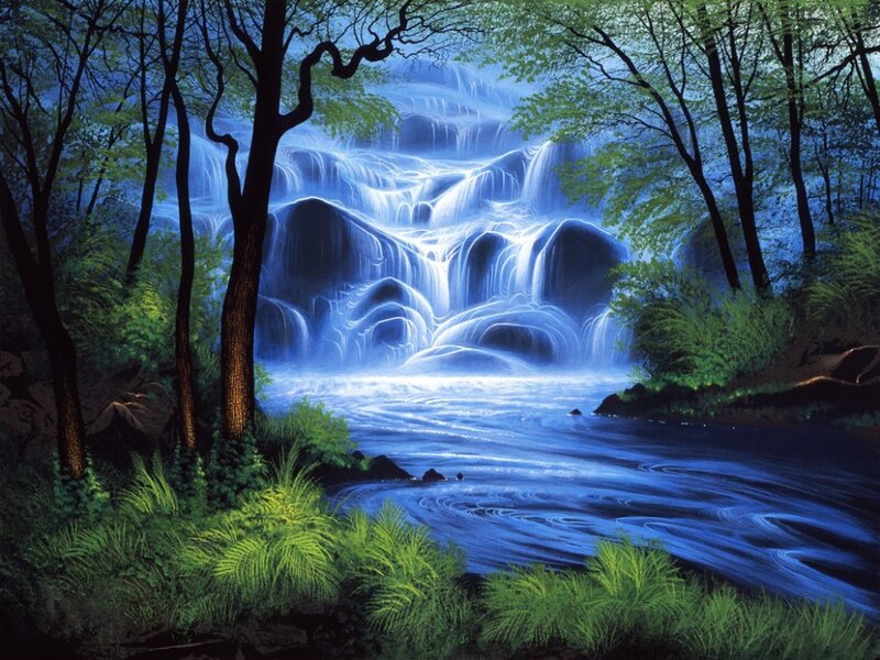 Blue Waterfall in Forest — Serene, Night