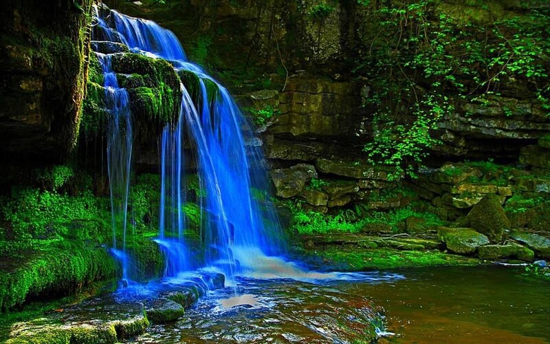 Blue Waterfall in Forest — Serene, Photograph, Moss