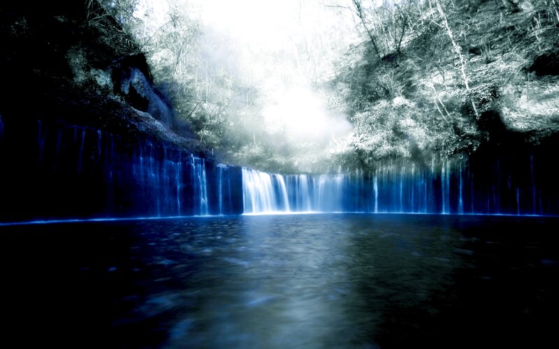Blue Waterfall in Forest — Serene, Photograph, Pool