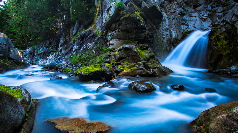 Blue Waterfall in Forest — Serene, Photograph, River, Rocks