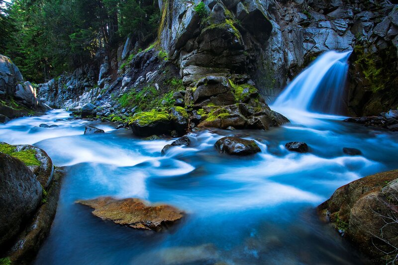 Blue Waterfall in Forest — Serene, Photograph, River
