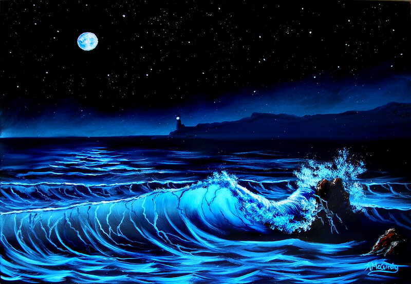 Blue Wave Crashing at Night