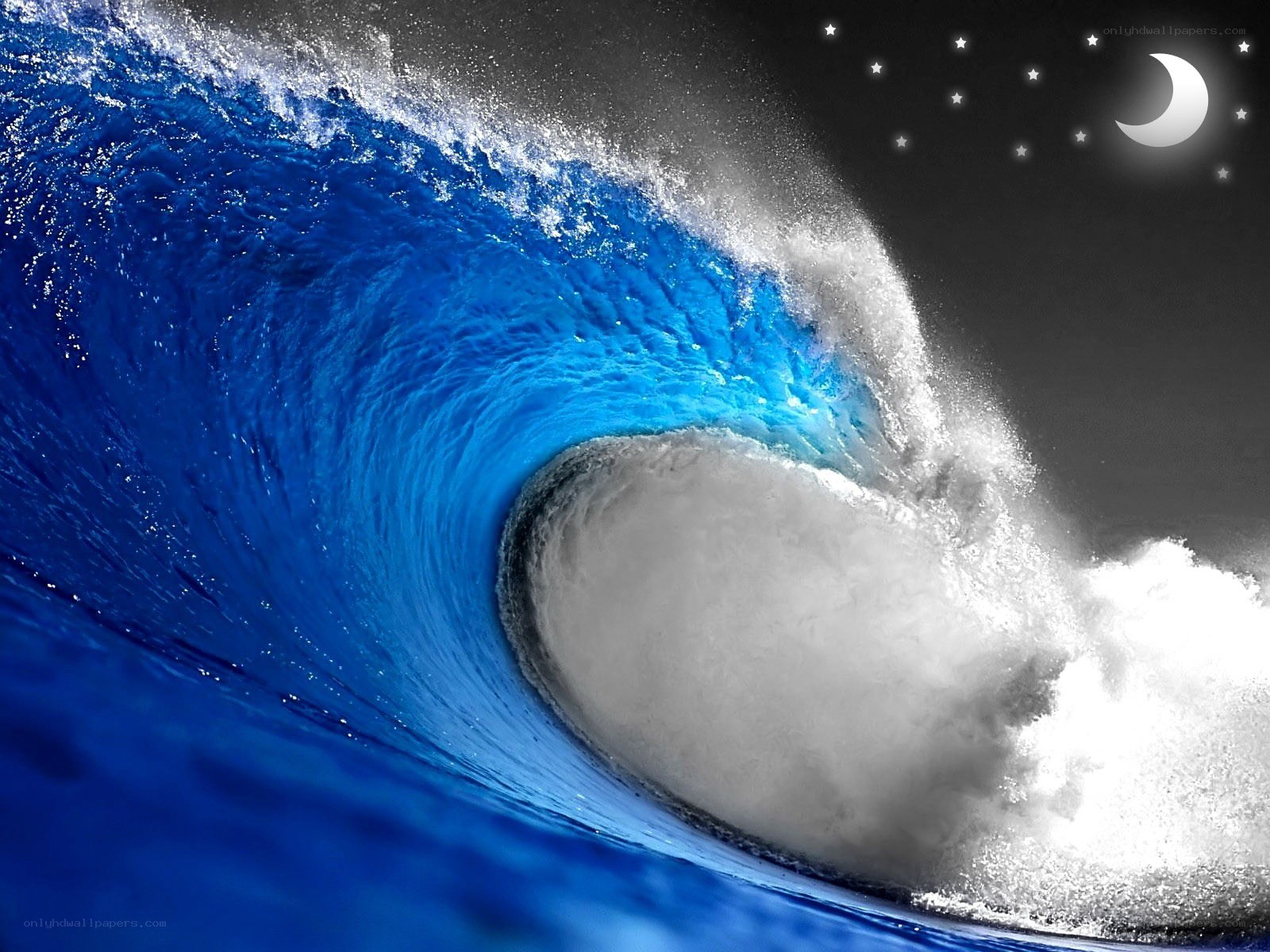 Blue wave under moonlight